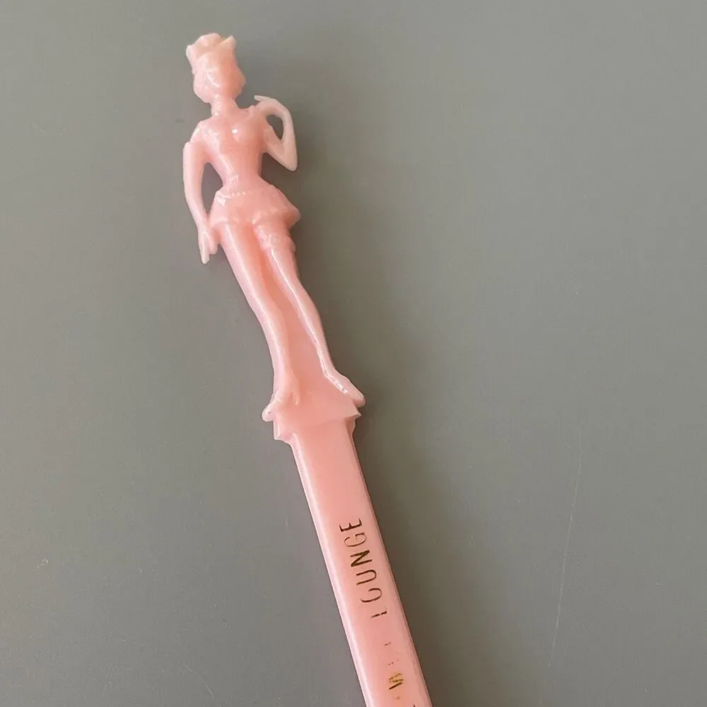 Vintage Figural Lady SHERATON-RITZ HOTEL Pastel Pink Swizzle Stir Stick HTF Rare